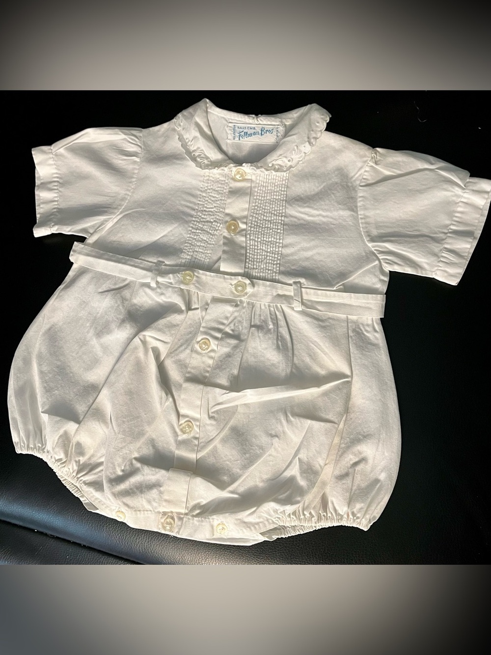 Feltman Bros Vintage White Baby Bubble Romper Creeper with Belt OS
